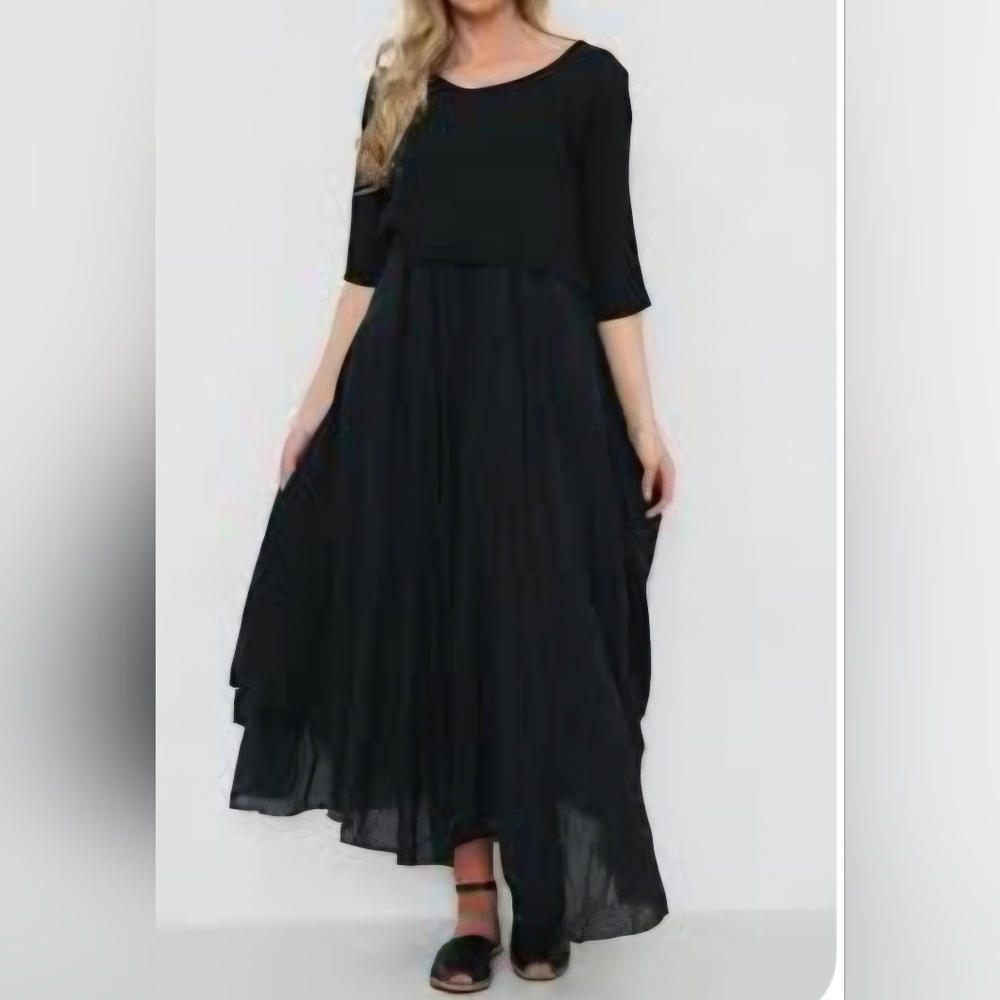 M Made In Italy Black 2 piece Midi Dress. Relaxed & Layered Womens Sz Medium NWT - Picture 2 of 11